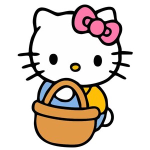 May include: A cartoon illustration of Hello Kitty holding a brown basket. Hello Kitty is white with black eyes, whiskers, and a pink bow. She is wearing a yellow shirt and a blue outfit.
