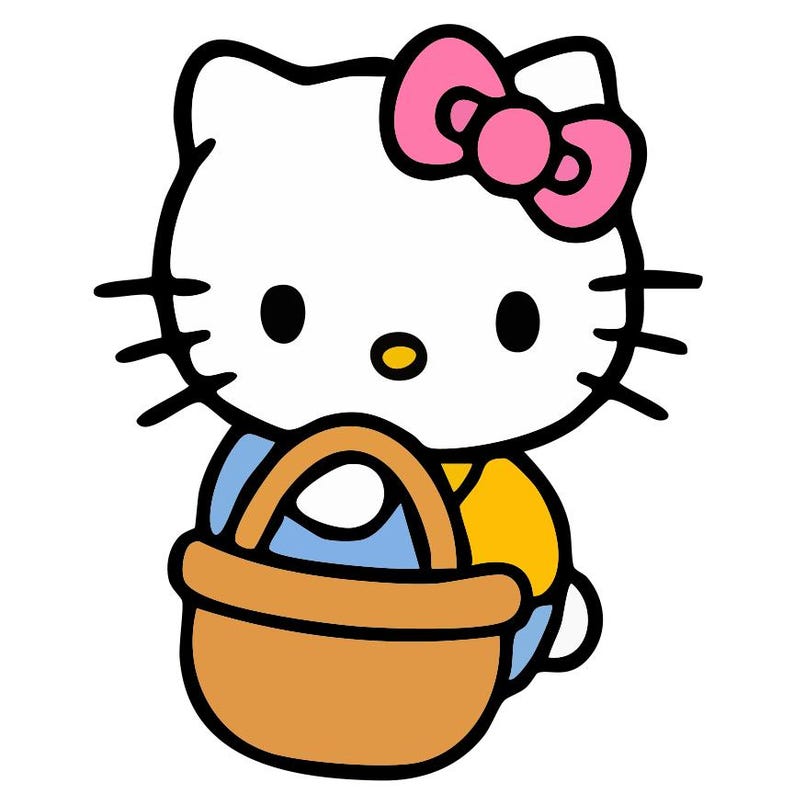 May include: A cartoon illustration of Hello Kitty holding a brown basket. Hello Kitty is white with black eyes, whiskers, and a pink bow. She is wearing a yellow shirt and a blue outfit.