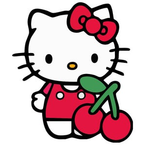 May include: A cartoon illustration of a white cat with a red bow, wearing a red dress, and holding two red cherries with green leaves. The cat has black eyes, whiskers, and a yellow nose.