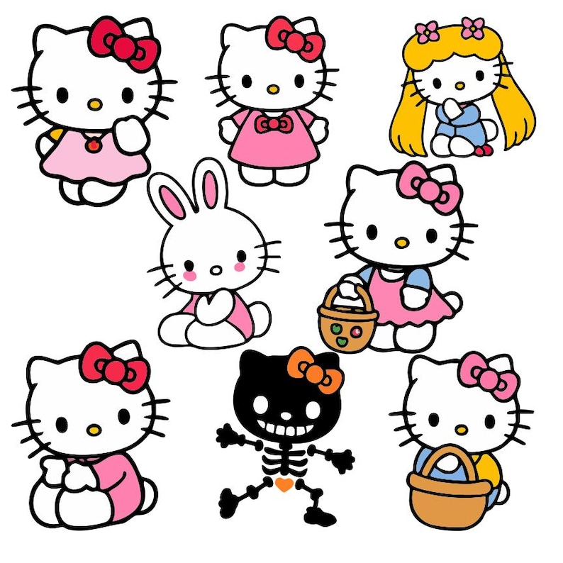 May include: A collection of cartoon illustrations featuring Hello Kitty in various outfits and poses. The images include Hello Kitty dressed in pink dresses, a bunny, and a skeleton. Each character has a red bow.