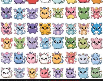 Kawaii Monster Clipart Bundle, Pastel Fantasy Creatures, Animals (50 PNG SVG Files)