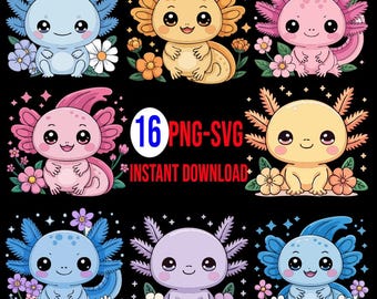 Kawaii Axolotl Clipart Bundle | 16 Pastel PNG SVG Files (Digital Download)
