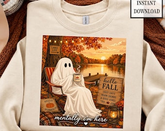 Summerween Ghost Png, Mentally I am Here Sublimation Design, Trendy Halloween Lover Shirt Design, Funny Fall Png Svg