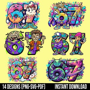 May include: A digital collection of six distinct graphic designs featuring the number 67 in various colourful themes including donuts, ice cream, graffiti, zombies, candy, and space aliens, with the text 14 DESIGNS (PNG-SVG-PDF) INSTANT DOWNLOAD.