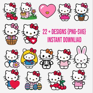 May include: A selection of cartoon cat illustrations, each with a red bow, in different outfits and poses. The image includes a pink heart and the text "22 + DESIGNS {PNG-SVG} INSTANT DOWNLOAD."