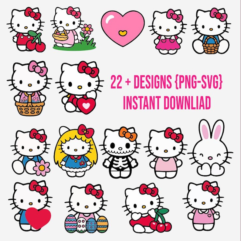 May include: A collection of cartoon cat designs, each with a red bow, in various outfits and poses. The image includes a pink heart and the text "22 + DESIGNS {PNG-SVG} INSTANT DOWNLOAD."