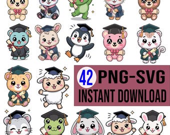 Kawaii Graduation Animals Clipart Bundle, Cartoon Graduate Animals (PNG SVG)