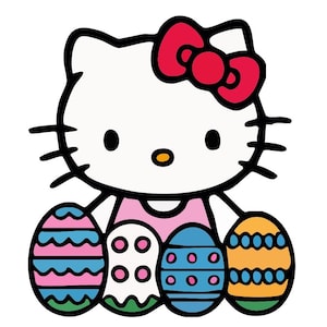 May include: A cartoon illustration of Hello Kitty holding four decorated Easter eggs. Hello Kitty is white with a red bow and a pink dress. The eggs are blue, white, and orange with various patterns.