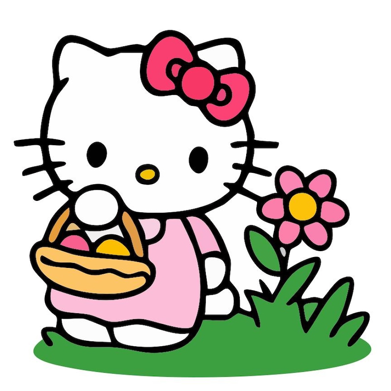 May include: A cartoon illustration of Hello Kitty holding a basket of Easter eggs. She wears a pink dress and a pink bow. A pink flower with a yellow center and green leaves is to her right. She stands on green grass.