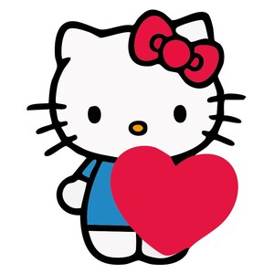 May include: A cartoon illustration of a white cat with a red bow, black whiskers, and a blue shirt, holding a large red heart. The cat has black eyes and a small yellow nose.