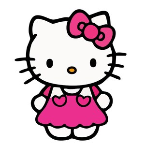 May include: A cartoon illustration of a white cat with black eyes, whiskers, and a small orange nose. The cat wears a pink bow and a pink dress with heart-shaped details. The image has a clean, minimalist design.