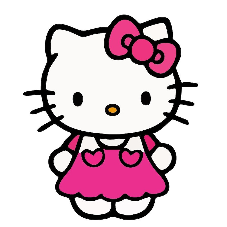 May include: A cartoon illustration of a white cat with black eyes, whiskers, and a small orange nose. The cat wears a pink bow and a pink dress with heart-shaped details. The image has a clean, minimalist design.