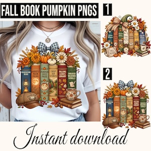 May include: A white t-shirt featuring a graphic of stacked books with autumn-themed titles, pumpkins, flowers, a blue plaid bow, a brown cap, and a mug. The design includes text like Hearthstone Reads, Harvest Moon Folios, and Falling Leaves Library.