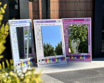Retro MS Paint Mirror, Y2K Aesthetic Vanity Mirror, 90s Nostalgia Computer Window Desktop Decor, Cute Pastel Blue Grey Pink Selfie Mirror