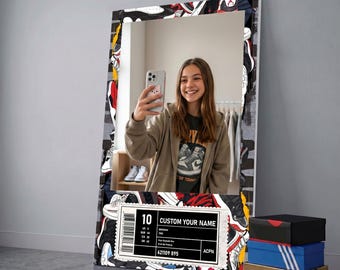 Espejo personalizado para zapatillas, espejo con etiqueta personalizada para caja de zapatos, decoración para habitación Hypebeast, regalo para coleccionistas de zapatillas, decoración de pared personalizada para habitación de adolescente