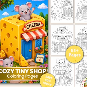 Cozy Animal Shop Coloring Book, Kawaii Mouse Lion Squirrel Koala Store Art, 65 Bold Easy Pages