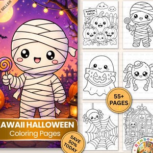 May include: A digital collection of Kawaii Halloween colouring pages featuring a central illustration of a mummy holding a lollipop, alongside six black and white line art sheets depicting pumpkins, a mummy, a ghost, a spider, and a greenhouse.