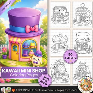 Páginas para colorir de lojinhas kawaii, livro de colorir de mini loja aconchegante, arte de abacaxi em caneca de chapéu