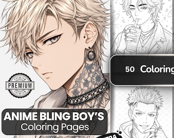 Anime Bling Boys Coloring Pages for Kids Teens Adults, Printable Manga Coloring Book PDF, Kawaii Boy Fashion Instant Download