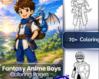 Fantasy Anime Boys Coloring Pages Kids Adults Kawaii Manga Coloring Book Chibi Boys Dragon Activity Sheets Printable PDF Instant Download