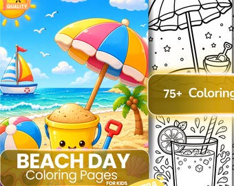 Beach Day Coloring Pages Kids Adults Kawaii Summer Coloring Book Ocean Activity Sheets Tropical Boys Girls Printable PDF Instant Download