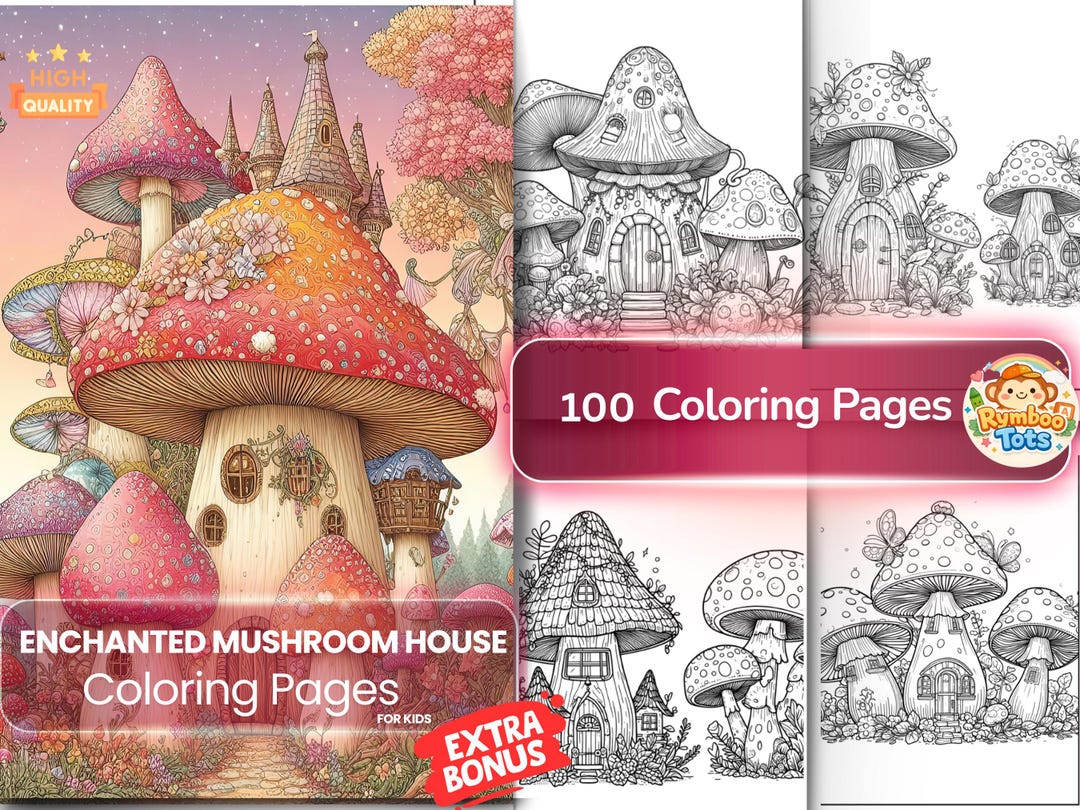 Enchanted Mushroom House Coloring Pages, Fantasy Fairy House Art ...