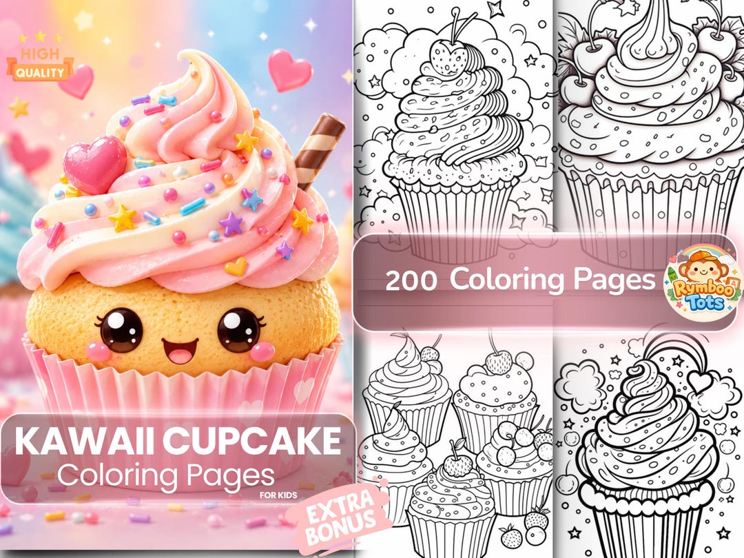 Kawaii Cupcake Coloring Pages Kids Adults Dessert Coloring Book Sweet ...