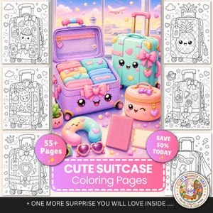 May include: A digital collection of coloring pages featuring illustrations of suitcases with faces, bows, and travel accessories. The central image shows a purple open suitcase, a teal suitcase, a pink vanity case, a neck pillow, and heart-shaped glasses.