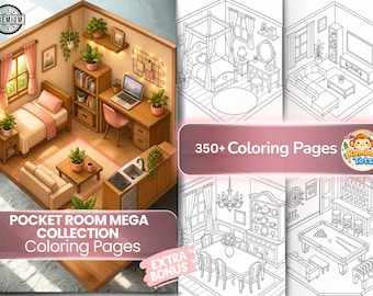 Pocket Room Mega Coloring Pages Adults Teens Kids Bold Easy Isometric Rooms Stress Relief Marker Practice Printable PDF Instant Download
