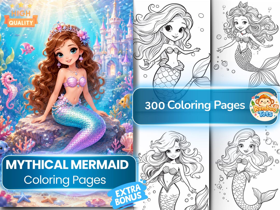 Mythical Mermaid Coloring Pages Printable PDF, Kawaii Mermaid Coloring ...