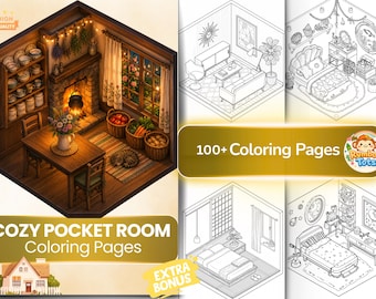 Kawaii Isometric Pocket Room Coloring Pages Kids Adults, Cozy Interior Design Activity Sheets, Aesthetic Chibi Line Art, Printable PDF Book