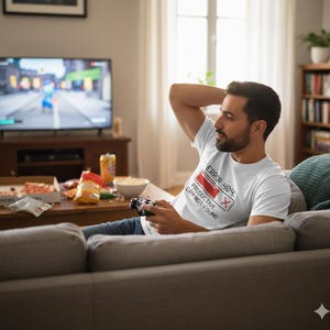 Könnte beinhalten: Eine Person trägt ein weißes T-Shirt mit dem Text "ERROR 404: PRODUCTIVE DAY NOT FOUND" und sitzt auf einem grauen Sofa. Die Person hält einen Videospiel-Controller. Ein Fernseher, Snacks und Getränke stehen auf einem Couchtisch.