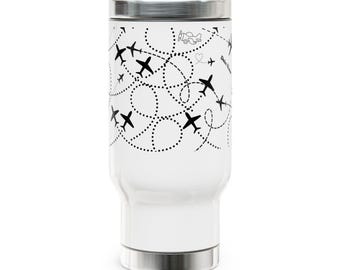Taza de viaje con diseño de rutas de vuelo de avión | Taza de viaje de acero inoxidable de 414 ml