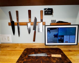 Magnetische messenrek muurbevestiging – massief houten messenhouder – handgemaakte keukenmesopslag – minimalistische houten messenlijst – mesbevestiging
