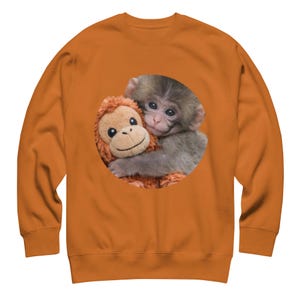 Könnte beinhalten: Ein orangefarbenes Sweatshirt mit einem kreisförmigen Aufdruck eines Babyaffen, der einen Stoffaffen umarmt. Der Babyaffe hat graues Fell und lächelt. Der Stoffaffe ist braun und hat ein lächelndes Gesicht.