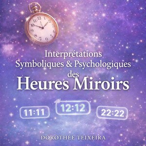 Könnte beinhalten: Grafik mit goldfarbener Taschenuhr vor einem Sternenhimmel-Hintergrund. Der Hintergrund ist lila und blau. Der Text lautet "Interprétations Symboliques & Psychologiques des Heures Miroirs" und zeigt die Uhrzeiten 11:11, 12:12 und 22:22.