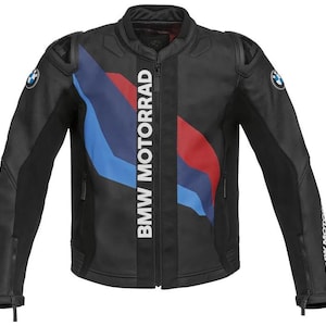 May include: Black motorcycle jacket with the BMW MOTORRAD logo in white. The jacket features blue and red stripes on the front and BMW logos on the sleeves. It has a zippered front and padded shoulders.