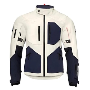 May include: A white and navy blue motorcycle jacket with a high collar and multiple pockets. The jacket features black accents and a red detail near the shoulder. The design is modern and functional, suitable for motorcycle riding.