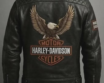 Men’s Harley-Davidson Style Leather Jacket Genuine Cowhide Biker Jacket with Embroidered Eagle Logo Classic Motorcycle Gear Gift for Bikers