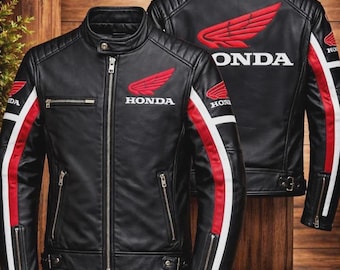 Honda Motorcycle Cafe Racer Leather Jacket: Vintage Biker Style with Red White Stripes