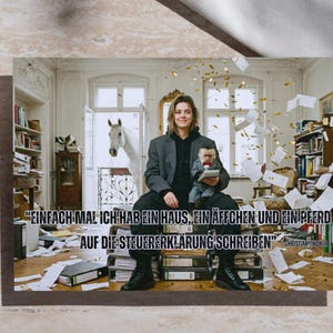 May include: A photograph featuring a person seated on a stack of files, holding a doll, with a horse in the background. The image includes text in German. A glass of amber liquid with a star anise garnish is in the upper left corner.