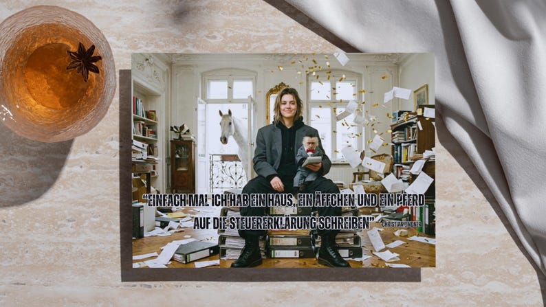 May include: A photograph featuring a person seated on a stack of files, holding a doll, with a horse in the background. The image includes text in German. A glass of amber liquid with a star anise garnish is in the upper left corner.