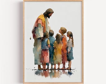 Jesus with Children Watercolor Print, Christian Nursery Wall Art (Digital Download)
