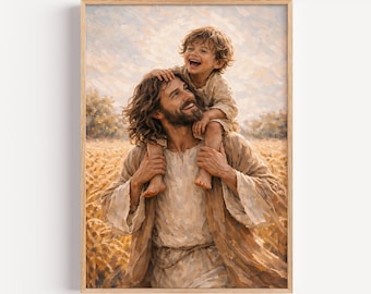 Jesus with Child: Pastoral Wheat Field Christian Nursery Art (Digital Download) I Impasto Oil Painting