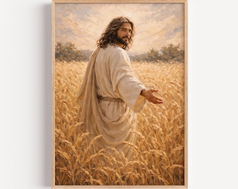 Jesus in Wheat Field Christian Wall Art Golden Beige Pastoral Scene Faith Inspired Rustic Decor Printable Artwork Impasto Oil Painting
