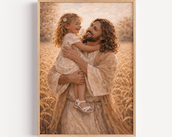 Jesus with Child, Golden Wheat Field Nursery Art (Digital Download) I Impasto Oil Painting