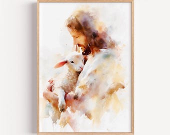 Jesus with Lamb Watercolor Print, Good Shepherd Christian Wall Art (Digital Download)