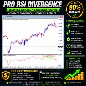 May include: A digital graphic showing a trading chart with the text "PRO RSI DIVERGENCE". The chart displays lines and data points, with additional text highlighting features like "Accurate Divergence Signals" and "90% Win Rate".