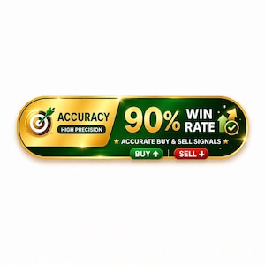 May include: A gold and green banner with the text "ACCURACY HIGH PRECISION" and "90% WIN RATE". It also includes "ACCURATE BUY & SELL SIGNALS" and "BUY" and "SELL" buttons.