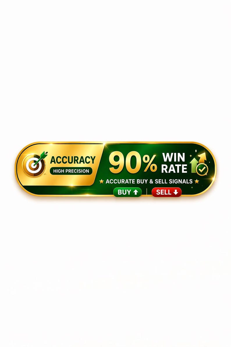 May include: A gold and green banner with the text "ACCURACY HIGH PRECISION" and "90% WIN RATE". It also includes "ACCURATE BUY & SELL SIGNALS" and "BUY" and "SELL" buttons.